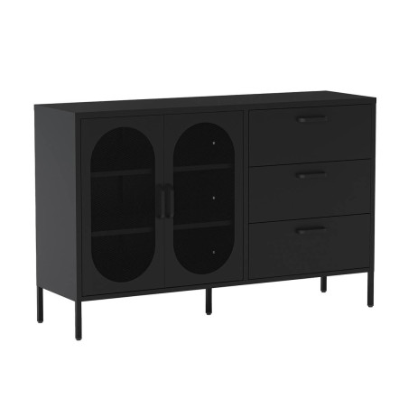 Buffet 2 Portes Ajourées 3 Tiroirs en Métal Noir - OLIRA
