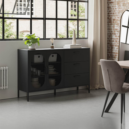 Buffet 2 Portes Ajourées 3 Tiroirs en Métal Noir - OLIRA