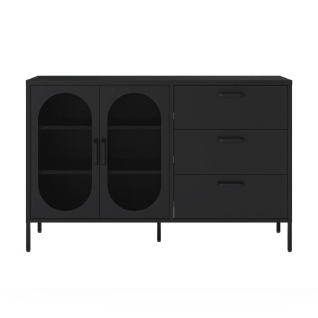 Buffet 2 Portes Ajourées 3 Tiroirs en Métal Noir - OLIRA