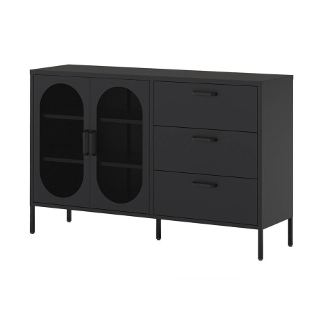 Buffet 2 Portes Ajourées 3 Tiroirs en Métal Noir - OLIRA