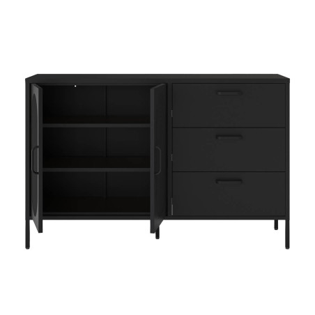 Buffet 2 Portes Ajourées 3 Tiroirs en Métal Noir - OLIRA