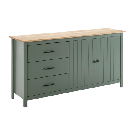 Buffet bas 2 portes 3 tiroirs bois ciré et vert - TINIO