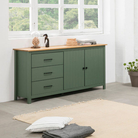 Buffet bas 2 portes 3 tiroirs bois ciré et vert - TINIO