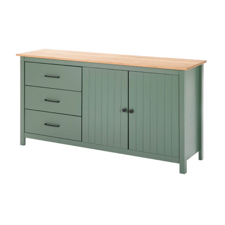 Buffet bas 2 portes 3 tiroirs bois ciré et vert - TINIO