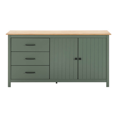Buffet bas 2 portes 3 tiroirs bois ciré et vert - TINIO
