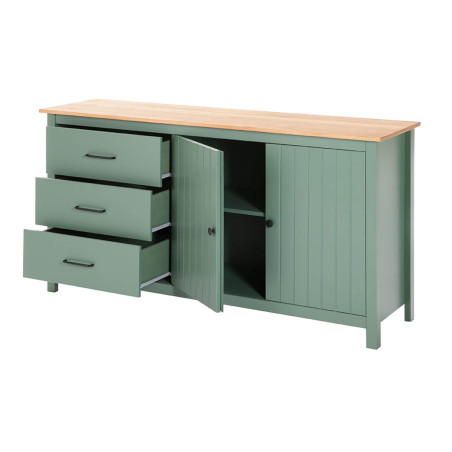 Buffet bas 2 portes 3 tiroirs bois ciré et vert - TINIO