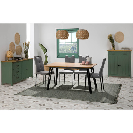 Buffet bas 2 portes 3 tiroirs bois ciré et vert - TINIO