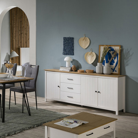 Buffet bas 3 portes 3 tiroirs bois ciré et blanc - TINIO