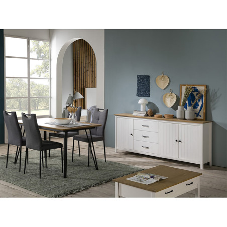 Buffet bas 3 portes 3 tiroirs bois ciré et blanc - TINIO