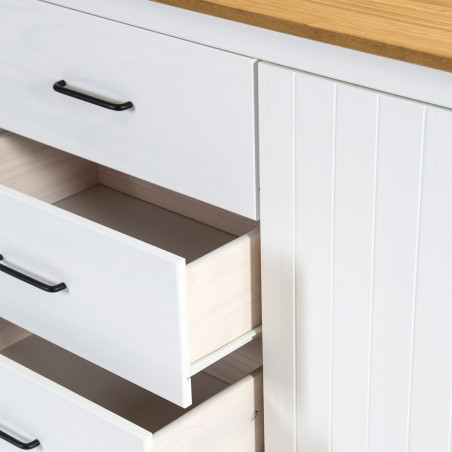 Buffet bas 3 portes 3 tiroirs bois ciré et blanc - TINIO