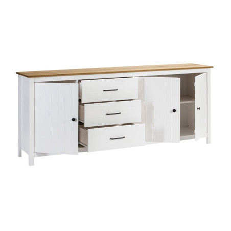 Buffet bas 3 portes 3 tiroirs bois ciré et blanc - TINIO