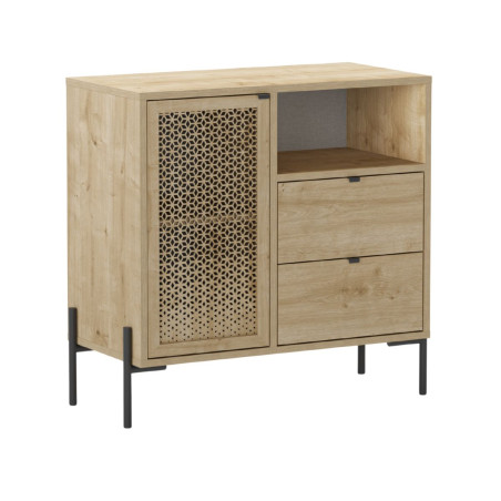 Meuble rangement 1 porte 2 tiroirs imitation bois clair pieds métal - MELISSOR
