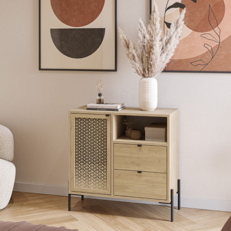 Meuble rangement 1 porte 2 tiroirs imitation bois clair pieds métal - MELISSOR