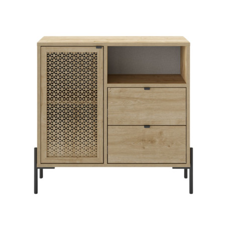 Meuble rangement 1 porte 2 tiroirs imitation bois clair pieds métal - MELISSOR