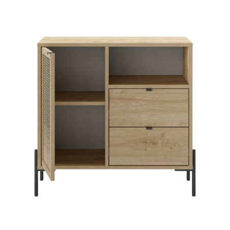 Meuble rangement 1 porte 2 tiroirs imitation bois clair pieds métal - MELISSOR
