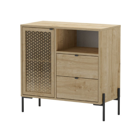 Meuble rangement 1 porte 2 tiroirs imitation bois clair pieds métal - MELISSOR