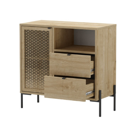 Meuble rangement 1 porte 2 tiroirs imitation bois clair pieds métal - MELISSOR