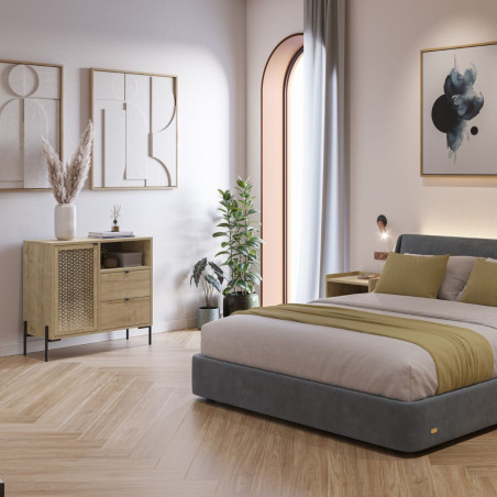 Meuble rangement 1 porte 2 tiroirs imitation bois clair pieds métal - MELISSOR