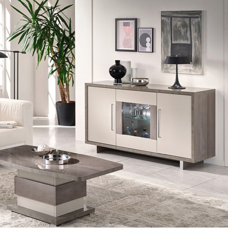 Buffet 3 portes gris acier métallisé et gris mat avec leds - AUXIA