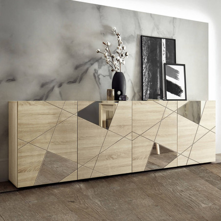 Buffet 4 portes finition bois Samoa avec sérigraphies et miroirs - ORINA