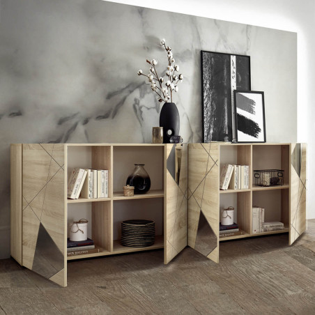 Buffet 4 portes finition bois Samoa avec sérigraphies et miroirs - ORINA