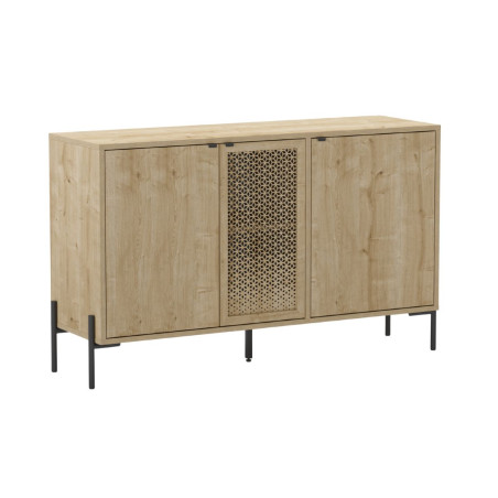 Buffet 3 portes en mélaminé aspect bois 1 porte sculptée pieds métal - MELISSOR