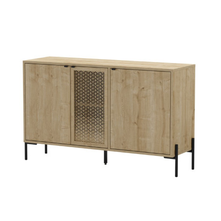 Buffet 3 portes en mélaminé aspect bois 1 porte sculptée pieds métal - MELISSOR