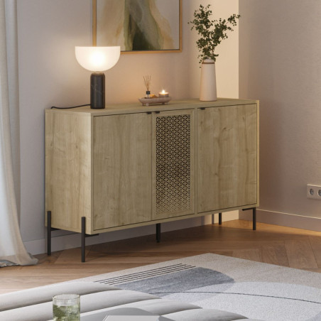 Buffet 3 portes en mélaminé aspect bois 1 porte sculptée pieds métal - MELISSOR