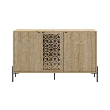 Buffet 3 portes en mélaminé aspect bois 1 porte sculptée pieds métal - MELISSOR