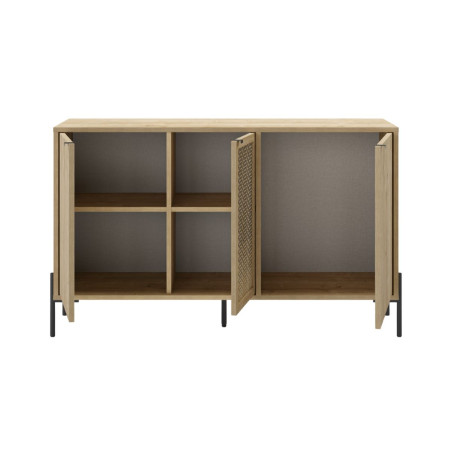 Buffet 3 portes en mélaminé aspect bois 1 porte sculptée pieds métal - MELISSOR