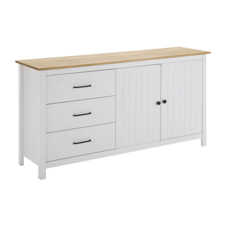 Buffet bas 2 portes 3 tiroirs bois ciré blanc - TINIO