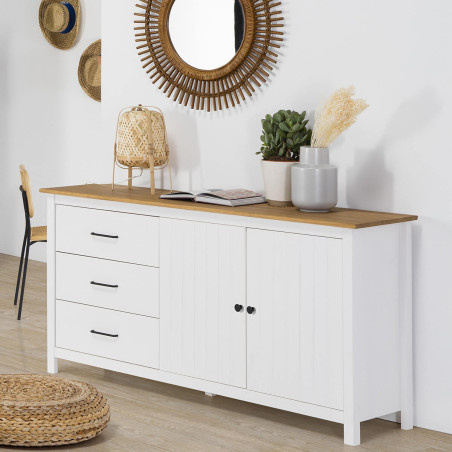 Buffet bas 2 portes 3 tiroirs bois ciré blanc - TINIO