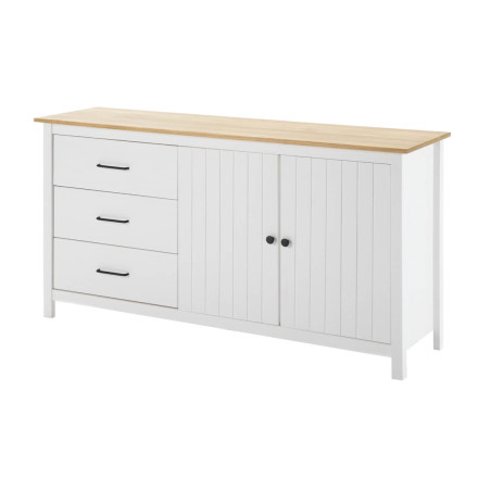 Buffet bas 2 portes 3 tiroirs bois ciré blanc - TINIO