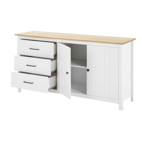 Buffet bas 2 portes 3 tiroirs bois ciré blanc - TINIO