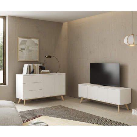 Buffet 140 cm 2 portes 3 tiroirs scandinave blanc et naturel - BLAKEN