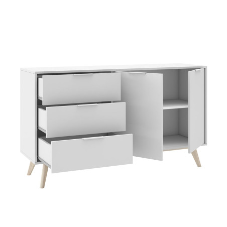 Buffet 140 cm 2 portes 3 tiroirs scandinave blanc et naturel - BLAKEN