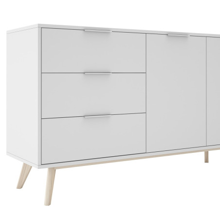 Buffet 140 cm 2 portes 3 tiroirs scandinave blanc et naturel - BLAKEN