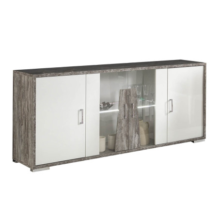 Buffet 4 portes laqué blanc et effet bois taupe avec LED - DENIO