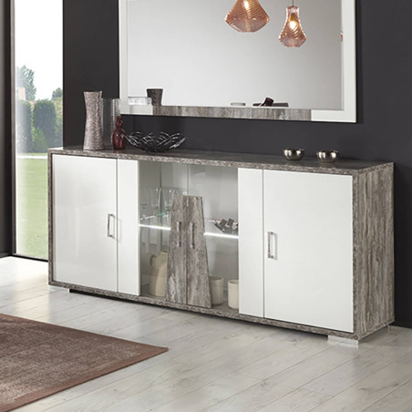 Buffet 4 portes laqué blanc et effet bois taupe avec LED - DENIO