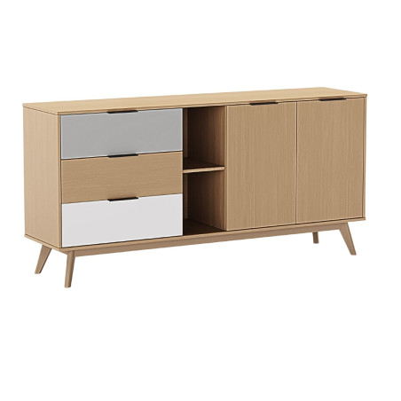 Buffet 2 portes 3 tiroirs pin massif gris, blanc et effet chêne - BORGEN