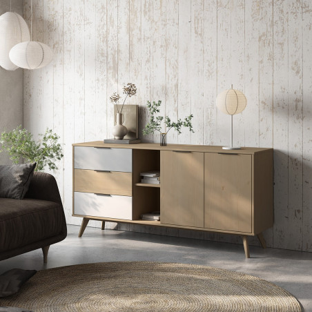 Buffet 2 portes 3 tiroirs pin massif gris, blanc et effet chêne - BORGEN