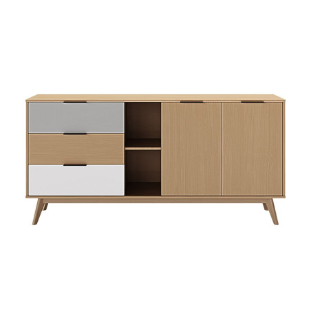 Buffet 2 portes 3 tiroirs pin massif gris, blanc et effet chêne - BORGEN