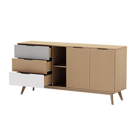 Buffet 2 portes 3 tiroirs pin massif gris, blanc et effet chêne - BORGEN