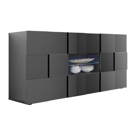 Buffet 2 Portes 2 Tiroirs Laqué Gris Carbone Relief Damiers - REBENA