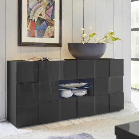 Buffet 2 Portes 2 Tiroirs Laqué Gris Carbone Relief Damiers - REBENA