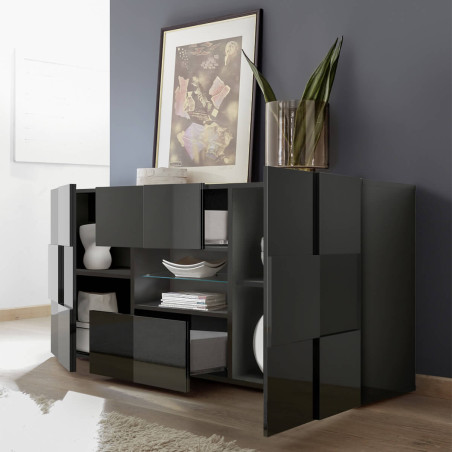 Buffet 2 Portes 2 Tiroirs Laqué Gris Carbone Relief Damiers - REBENA