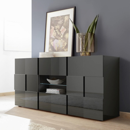 Buffet 2 Portes 2 Tiroirs Laqué Gris Carbone Relief Damiers - REBENA