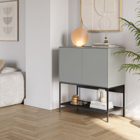 Meuble d’appoint 2 portes en mélaminé vert sauge et pieds métal noir - MIRINOR
