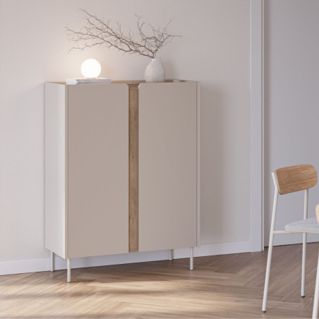 Meuble d'appoint 2 portes beige et aspect bois avec découpe bandeau - LIWENNOR