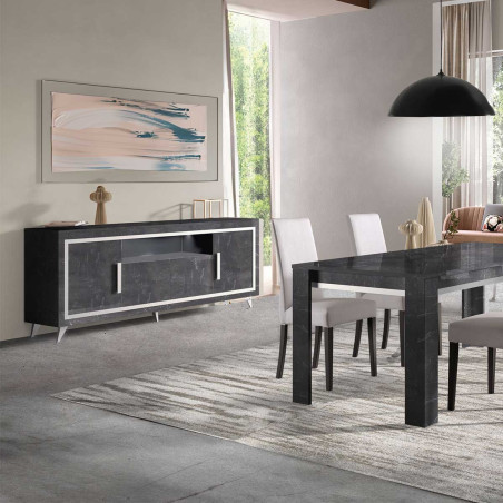 Buffet 4 Portes Effet Marbre Anthracite avec Leds - ALUNA